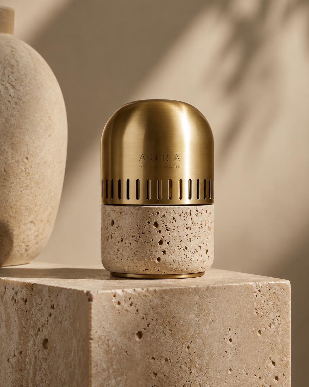 Brass and travertine climate object on a stone plinth